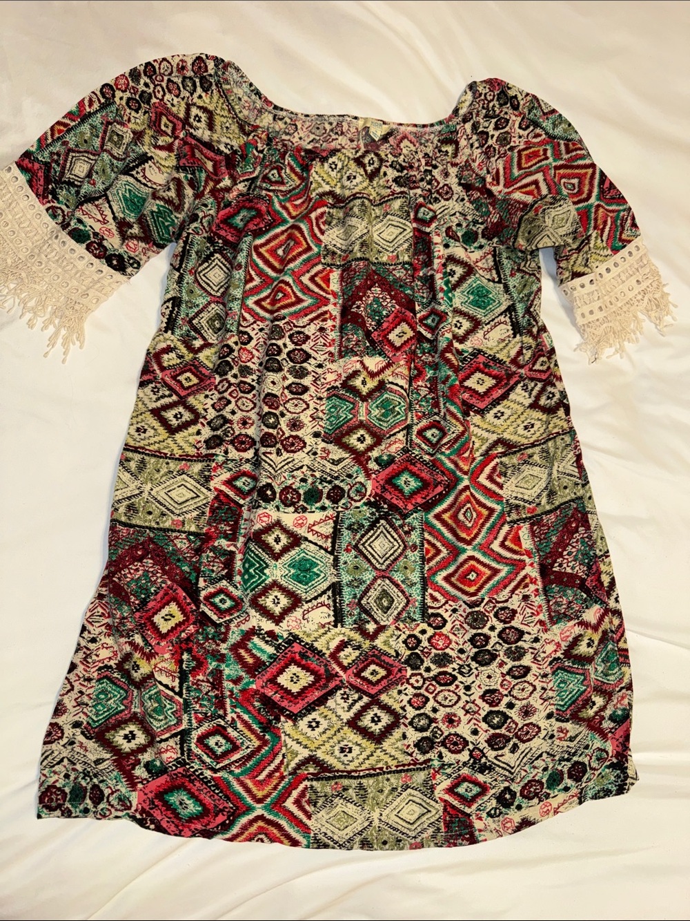 Kori Multi-Color Boho Patchwork Off Shoulder Dress with Lace Trim